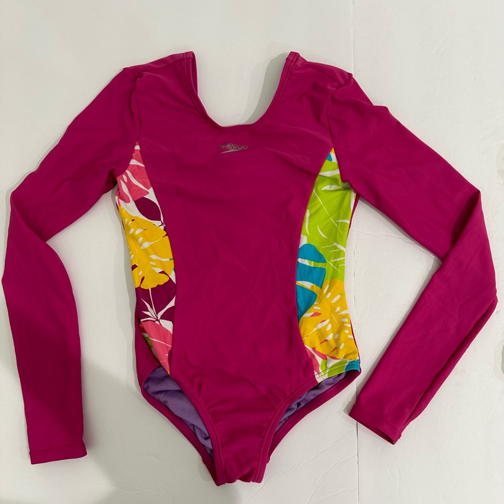 Speedo - Girls' Floral Splice Print Long
Sleeve One Piece Rash Guard 7/8 Small